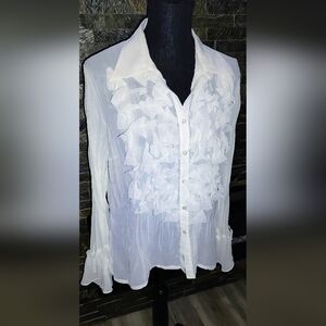 White Pleated Button-Up Blouse Size Large